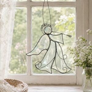 Handcrafted Stained Glass Angel Suncatcher Ornament 11" Iridescent Glass